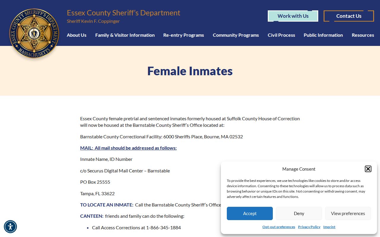 Essex County booking custody route to Barnstable for female inmates