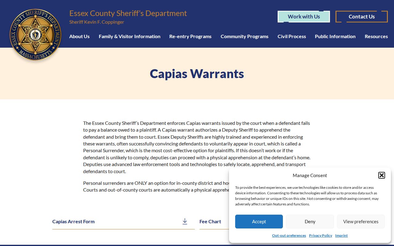 Essex County Sheriff civil capias warrants information page