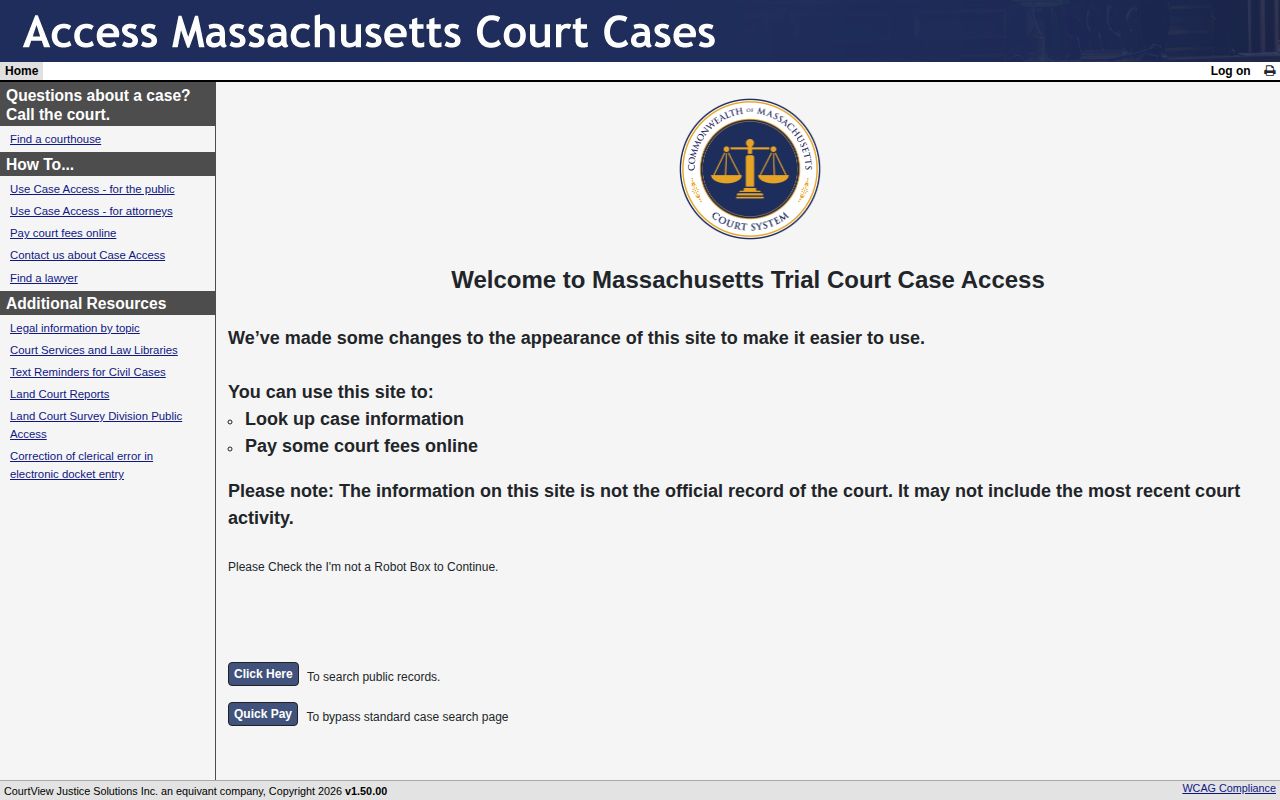 MassCourts Essex County arrest case and disposition search interface