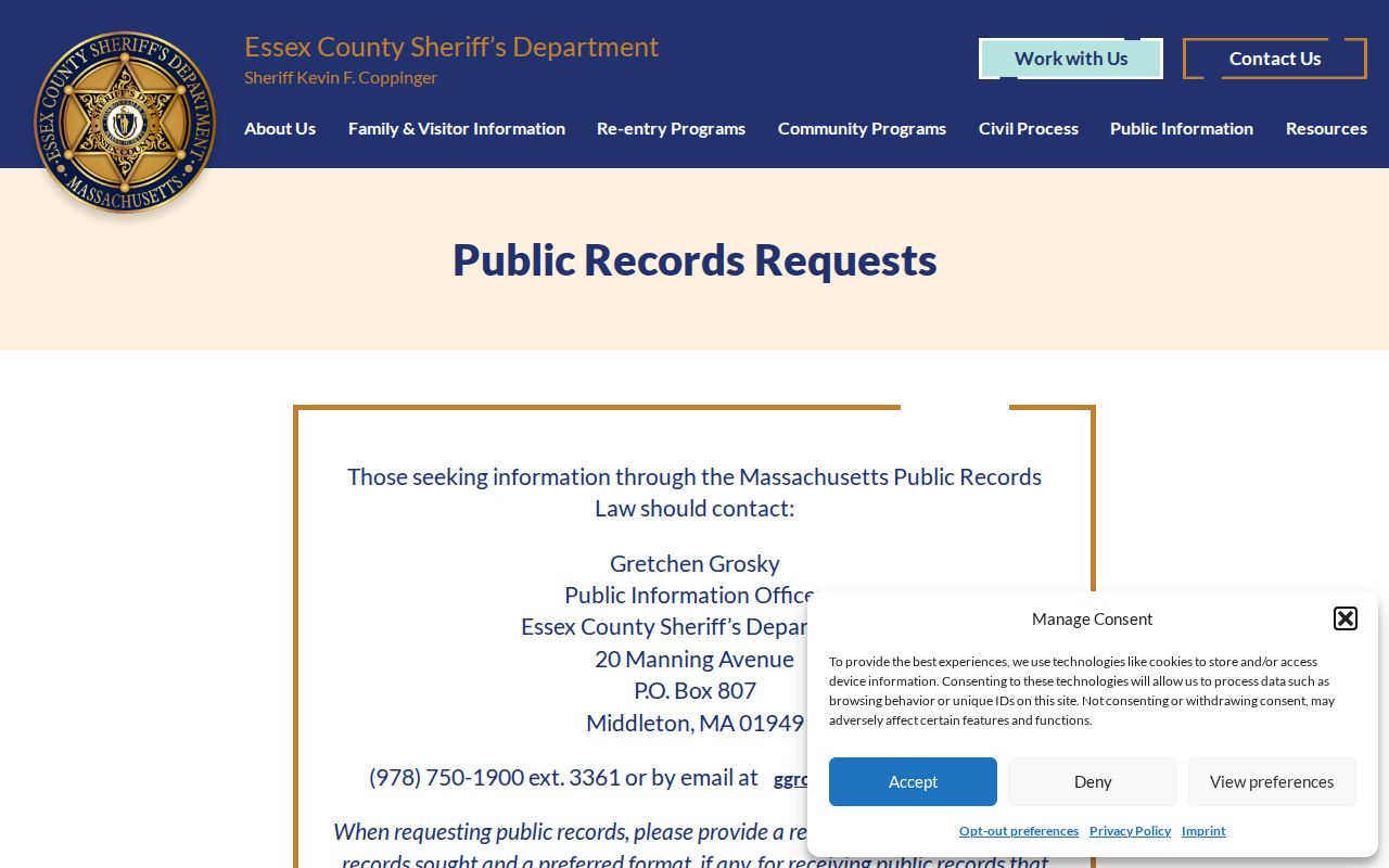Essex County Sheriff booking record and mugshot request page