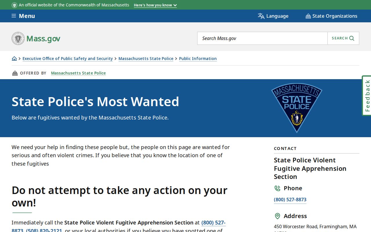 Massachusetts State Police official most wanted posters page